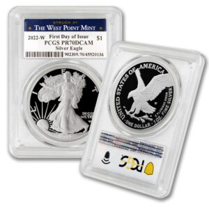 2022 w 1 oz proof american silver eagle pr-70 deep cameo (pr70dcam - first day of issue - struck at the west point mint) $1 pcgs mint state