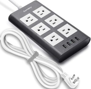 power strip, superdanny flat plug surge protector, 10 ft extension cord with 15a 6 widely multi outlets, 3.1a fast charge 4 usb ports, fire-retardant