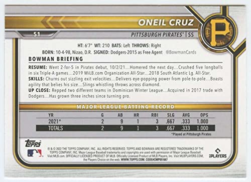 2022 Bowman #51 Oneil Cruz Pittsburgh Pirates (RC - Rookie Card) NM-MT MLB Baseball