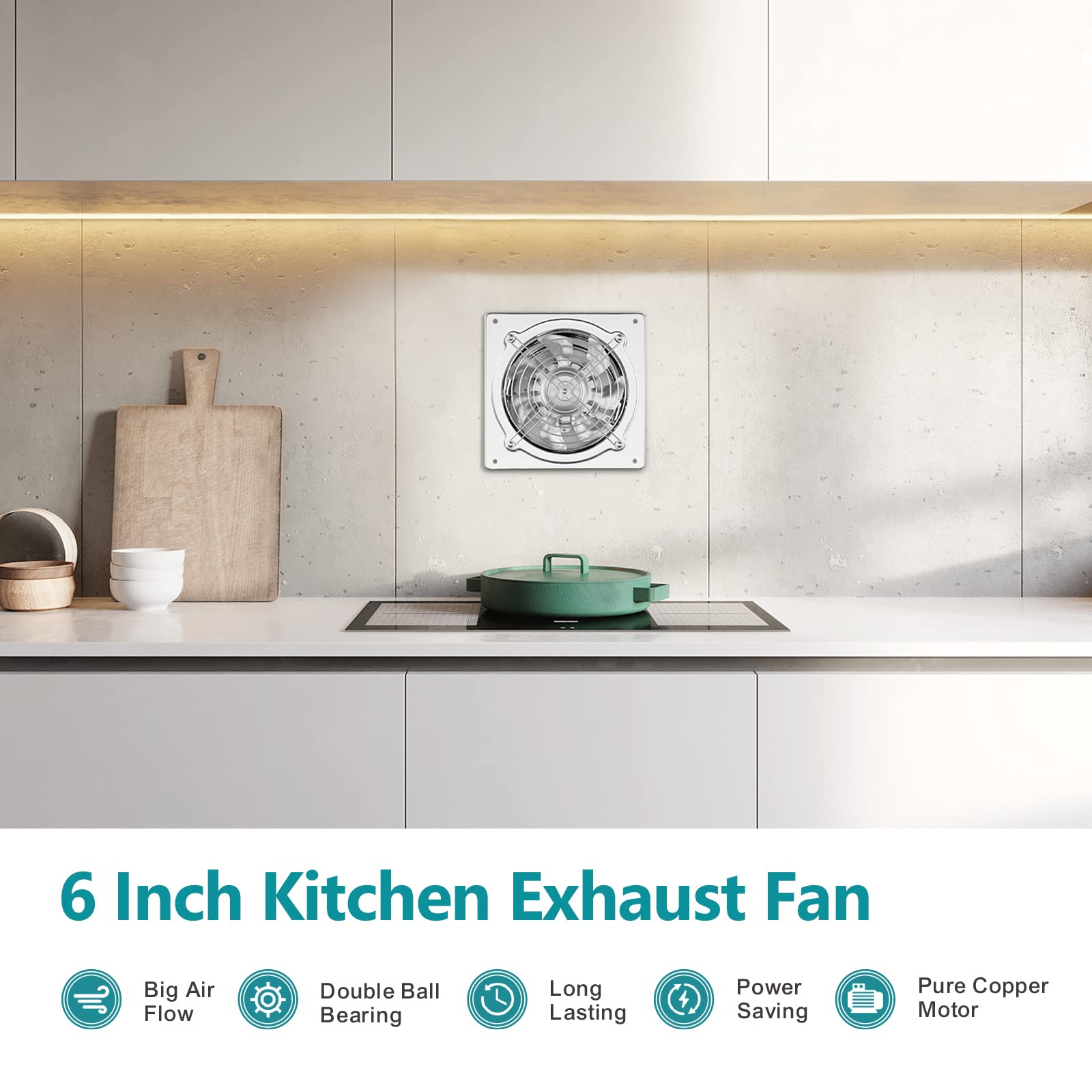 HG Power 6 Inch Kitchen Exhaust Fan, Powerful Bathroom Fan with Damper, Potable Window Small Fume Extractor Ventilation Fan for Shop, Smoking Room, Garage, Silver