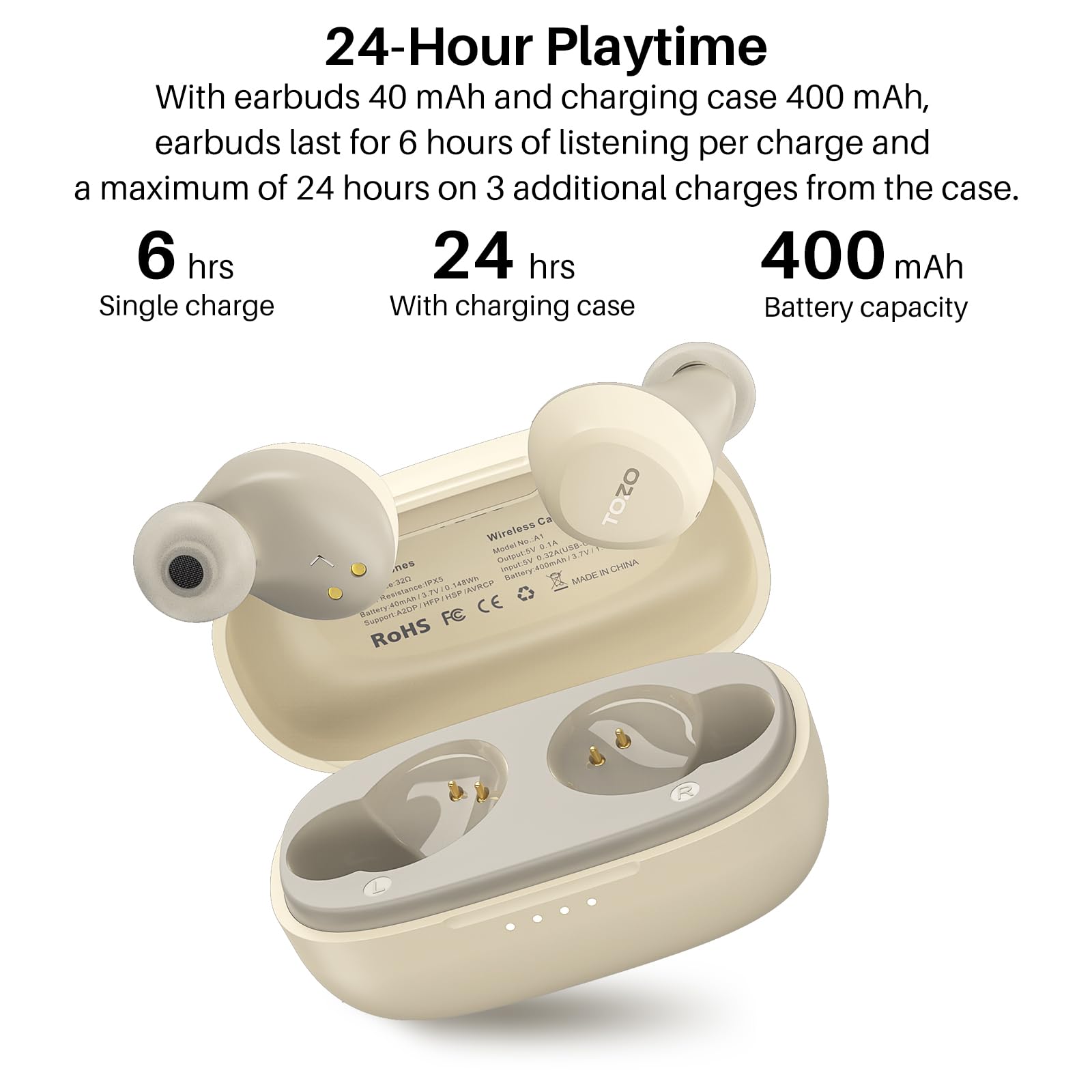 TOZO A1 Mini Wireless Earbuds Bluetooth 5.3 in Ear Light-Weight Headphones Built-in Microphone, IPX5 Waterproof, Immersive Premium Sound Long Distance Connection Headset with Charging Case, Khaki