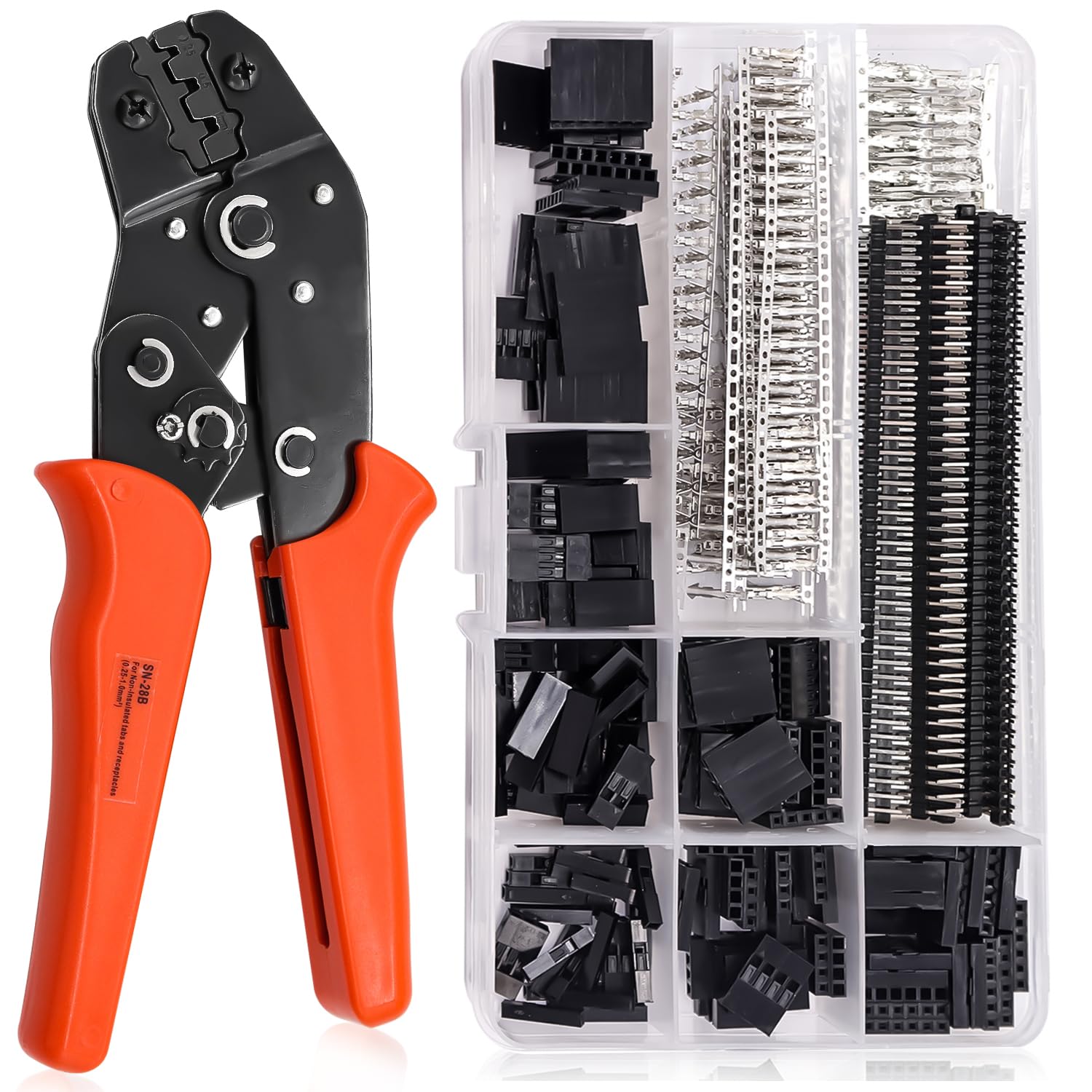 Taiss Dupont Crimping Tool Kit with 600PCS 2.54mm Dupont Connector Kit SN-28B Ratcheting Wire Crimper Plier,1/2/3/4/5/6/7 Pin Housing Dupont Connector Male Female Pin Header Crimp Terminal AWG28-18