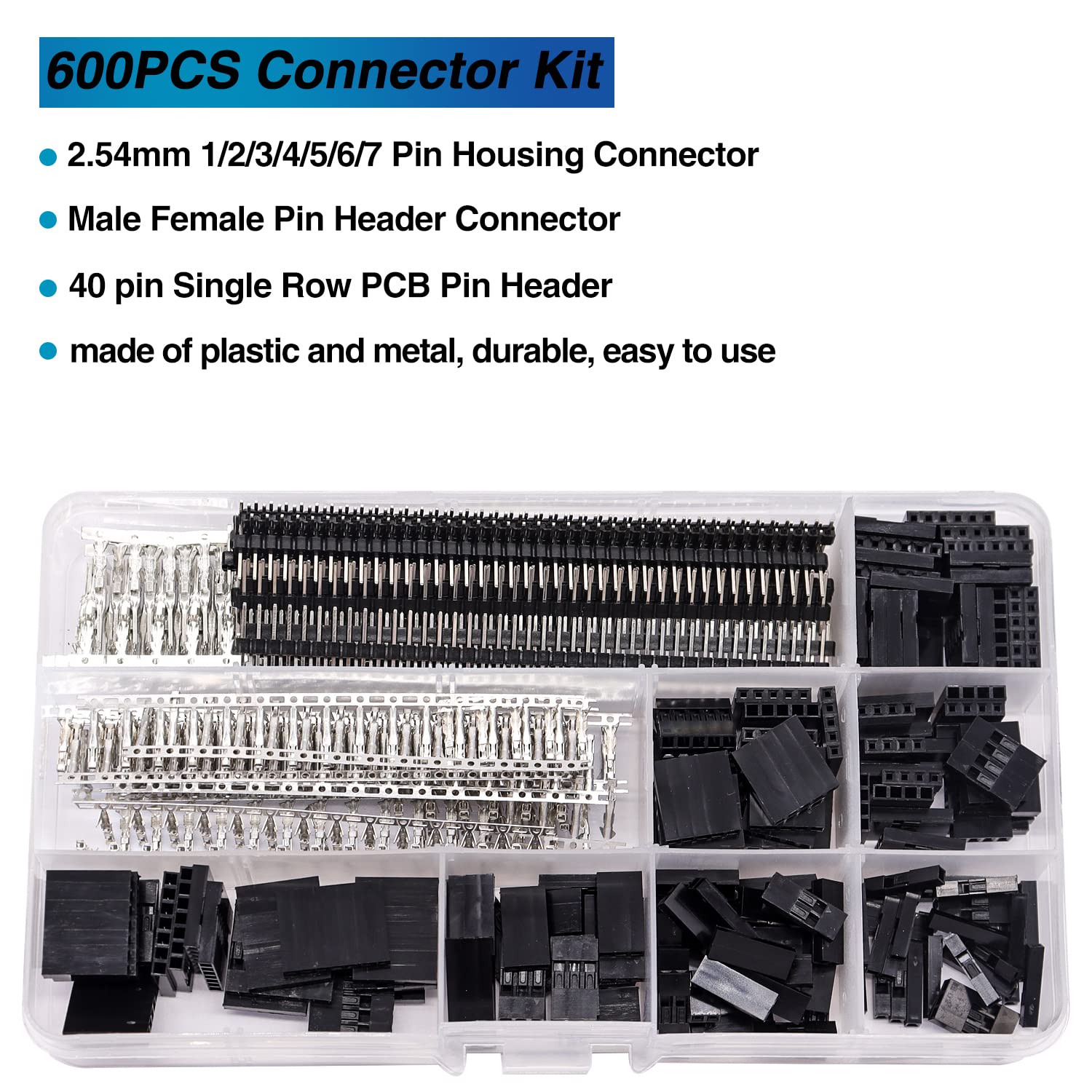 Taiss Dupont Crimping Tool Kit with 600PCS 2.54mm Dupont Connector Kit SN-28B Ratcheting Wire Crimper Plier,1/2/3/4/5/6/7 Pin Housing Dupont Connector Male Female Pin Header Crimp Terminal AWG28-18