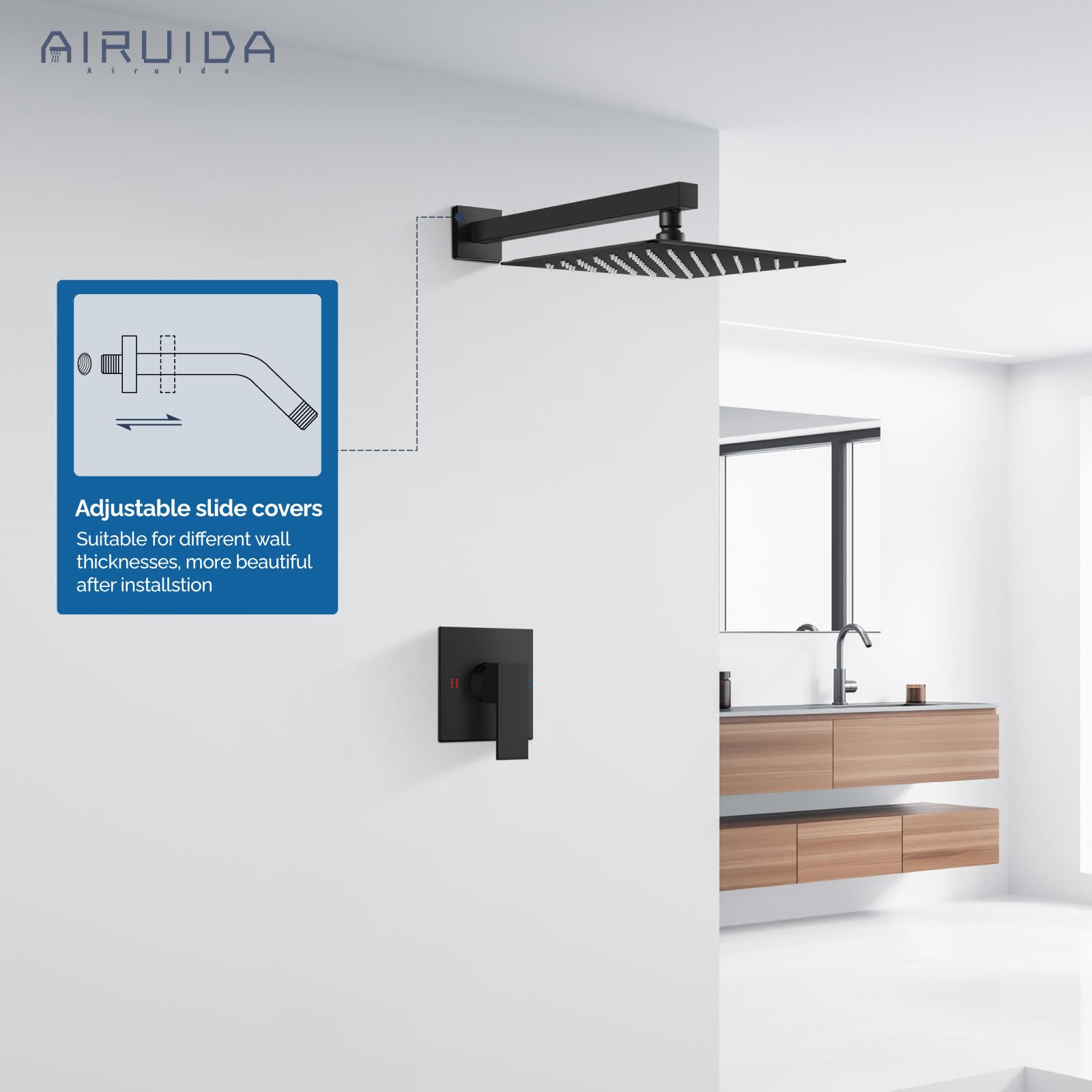 Airuida Shower Faucet Set Bathroom Rain Shower System SUS304 Stainless Steel Single Handle With Male Threads Rough-in Valve Shower Trim Kit 12 Inch Wall Mount Shower Head Matte Black