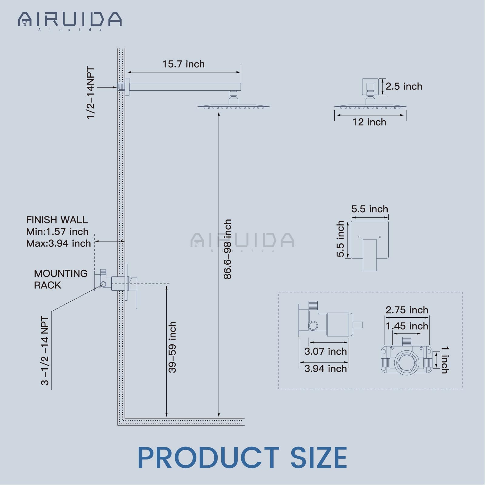 Airuida Shower Faucet Set Bathroom Rain Shower System SUS304 Stainless Steel Single Handle With Male Threads Rough-in Valve Shower Trim Kit 12 Inch Wall Mount Shower Head Matte Black