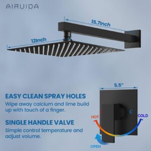 Airuida Shower Faucet Set Bathroom Rain Shower System SUS304 Stainless Steel Single Handle With Male Threads Rough-in Valve Shower Trim Kit 12 Inch Wall Mount Shower Head Matte Black