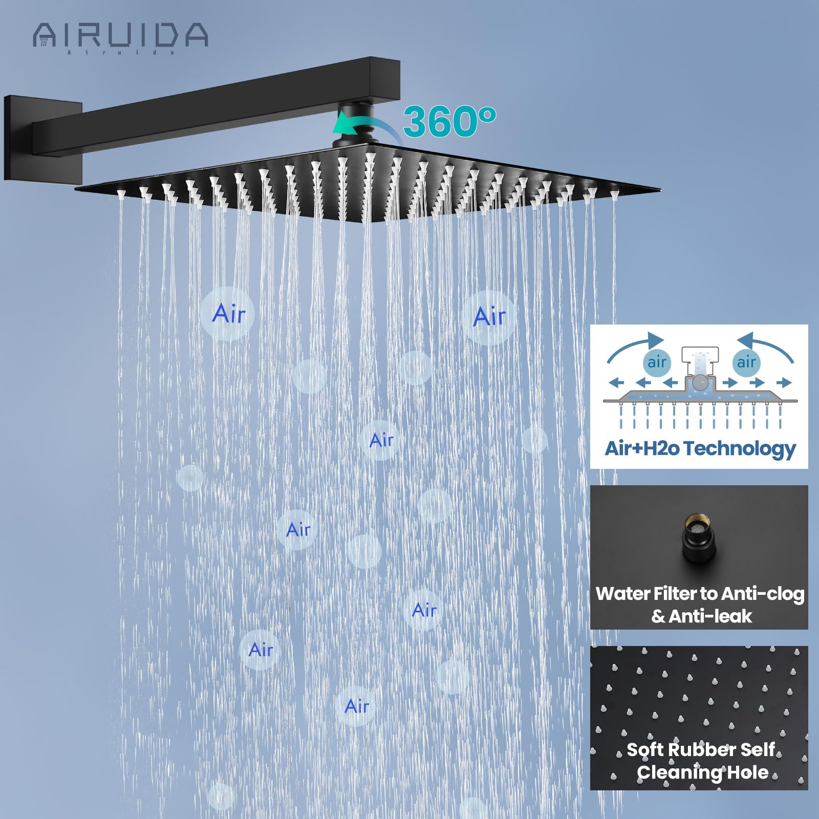 Airuida Shower Faucet Set Bathroom Rain Shower System SUS304 Stainless Steel Single Handle With Male Threads Rough-in Valve Shower Trim Kit 12 Inch Wall Mount Shower Head Matte Black