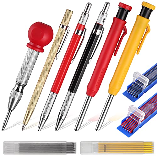 XUNTOP Mechanical Carpenter Pencils Set with Center Punch Cost-Effective Package can Meet Different Needs, Widely Use on Construction, Automotive, Glass Window Breaker, and Mark on Wood, Plastic