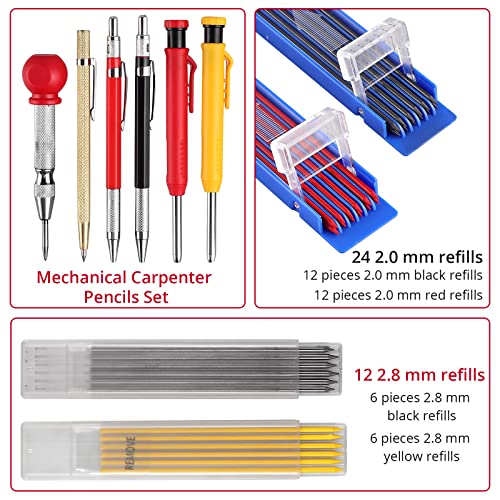 XUNTOP Mechanical Carpenter Pencils Set with Center Punch Cost-Effective Package can Meet Different Needs, Widely Use on Construction, Automotive, Glass Window Breaker, and Mark on Wood, Plastic