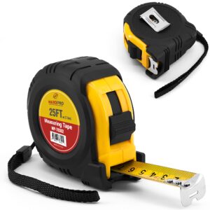 maxopro retractable tape measure 25 ft with precision (1/32"/1mm) – heavy duty, sturdy & easy to read measuring tape with thick rubber jacket grip & 25mm width smooth sliding tape blade