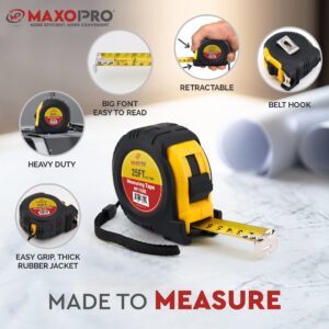 MaxoPro Retractable Tape Measure 25 ft with Precision (1/32"/1mm) – Heavy Duty, Sturdy & Easy to Read Measuring Tape with Thick Rubber Jacket Grip & 25mm Width Smooth Sliding Tape Blade