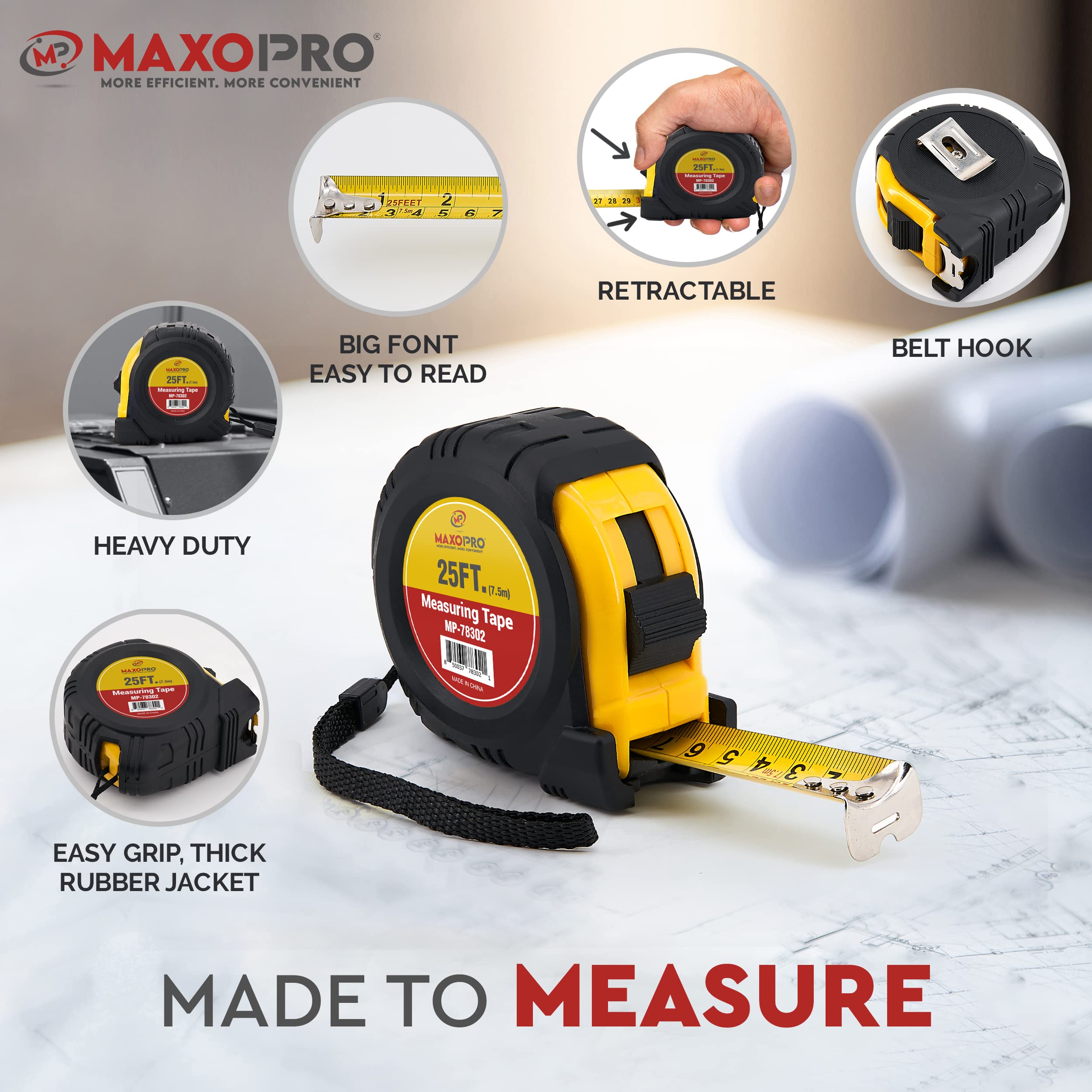 MaxoPro Retractable Tape Measure 25 ft with Precision (1/32"/1mm) – Heavy Duty, Sturdy & Easy to Read Measuring Tape with Thick Rubber Jacket Grip & 25mm Width Smooth Sliding Tape Blade