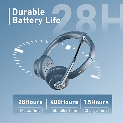 Wireless Headset For Computer, Bluetooth Headset With Microphone Mute Ai Noise Canceling, Handsfree On-Ear Wireless Headphones Ms Teams/Skype/Zoom/Office/Remote Work/Class, 28H Playtime|Dual Connect