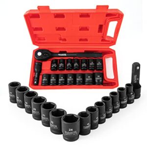 Meiwaltee 1/2-Inch Drive Metric Shallow impact Socket Set,16 PCS Metric 10-24mm Set,Includes 72-Tooth Ratchet and 3'' Extension Bar,Cr-V, 6 Point