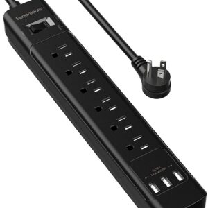 SUPERDANNY Surge Protector Power Strip with USB, ETL Listed, 2100J Flat Plug Extension Cord 5ft 15A 1875W, 6 Outlets 3 USB Ports, Wall Mount, Safety Covers, Black, 2022 Version