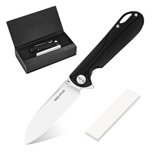 wolyfun edc pocket knife with sharpener stone ,3.7" d2 steel blade + g10 handle, secure liner lock gifts for outdoor camping fishing hiking hunting