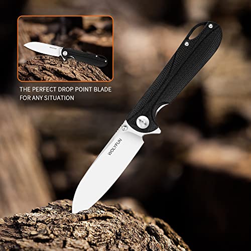 Wolyfun EDC Pocket Knife with Sharpener Stone ,3.7" D2 Steel Blade + G10 Handle, Secure Liner Lock Gifts for Outdoor Camping Fishing Hiking Hunting