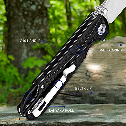 Wolyfun EDC Pocket Knife with Sharpener Stone ,3.7" D2 Steel Blade + G10 Handle, Secure Liner Lock Gifts for Outdoor Camping Fishing Hiking Hunting