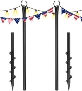string light poles for outside - 2 pack outdoor patio light poles for hanging string lights, patented spiral ground anchor, metal backyard garden light posts for party wedding decorations