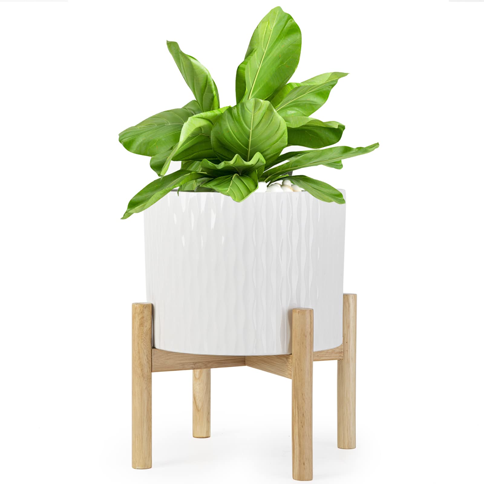 LaDoVita Ceramic Plant Pot with Stand, 8 Inch Planter with Wood Shelf, Modern Round Flower Pots Indoor with Wood Planter Holder, White Water Ripple Pattern