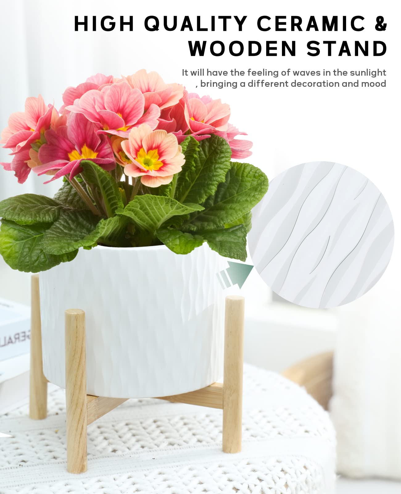 LaDoVita Ceramic Plant Pot with Stand, 8 Inch Planter with Wood Shelf, Modern Round Flower Pots Indoor with Wood Planter Holder, White Water Ripple Pattern