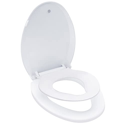 Elongated Toilet Seat with Toddler Seat Built In Soft Close, Slow Close Family Toilet Seat with Potty Training Seat White