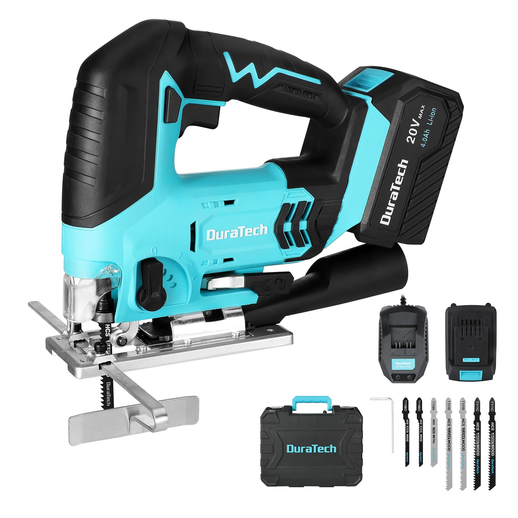 DURATECH Cordless Jig Saw, 20V Electric Jigsaw with 4.0A Battery and Charger, 2800 SPM Adjustable Speed, ±45° Bevel, Dust Blower and 7Pc Blades, Jigsaw Tool Kit for Wood, Metal and Plastic Cutting