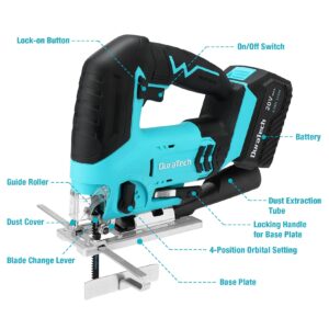 DURATECH Cordless Jig Saw, 20V Electric Jigsaw with 4.0A Battery and Charger, 2800 SPM Adjustable Speed, ±45° Bevel, Dust Blower and 7Pc Blades, Jigsaw Tool Kit for Wood, Metal and Plastic Cutting