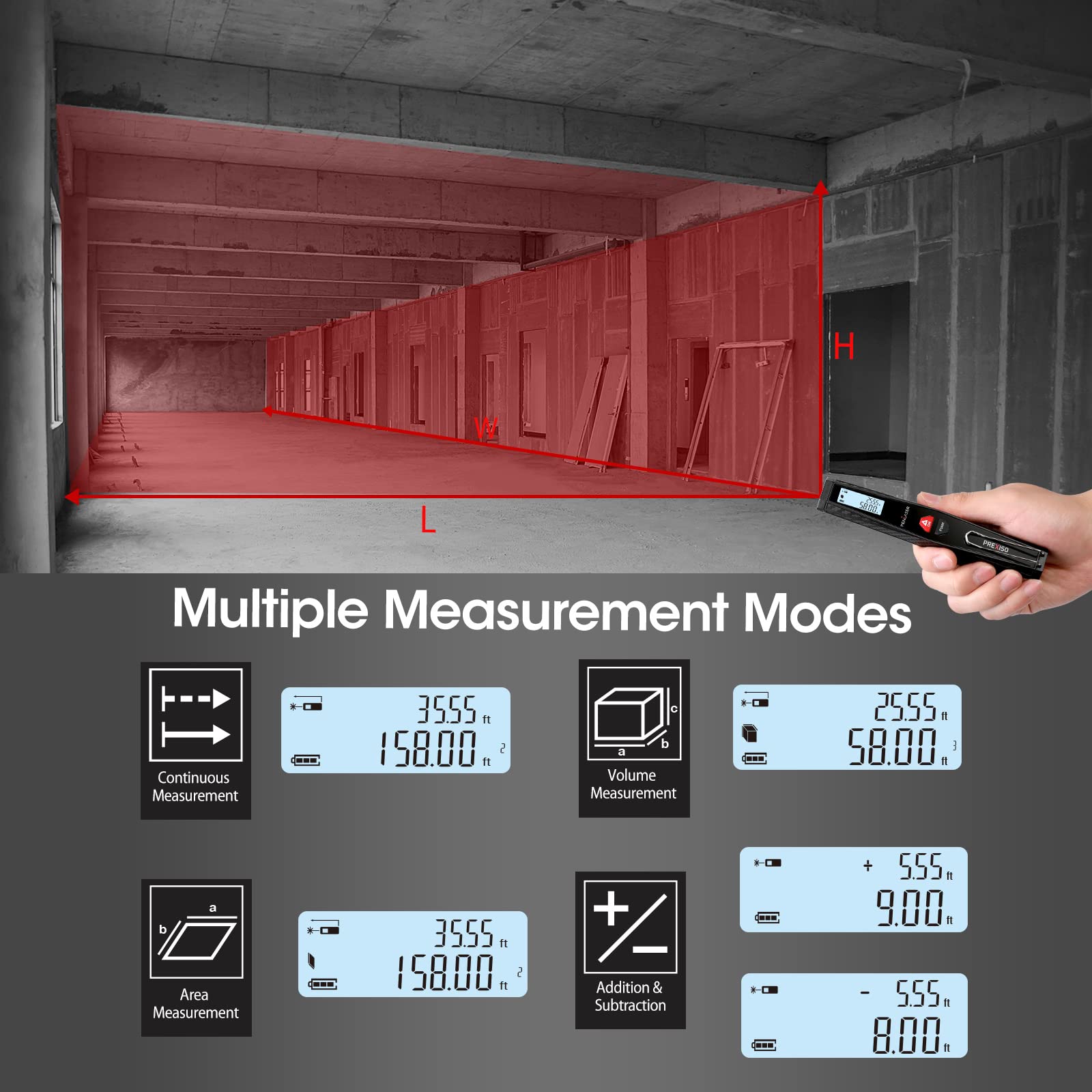 PREXISO Pocket Laser Measurement Tool, 135Ft Laser Distance Meter Backlit Display Laser Measure with Pen Clip Ft/Ft+in/in/M Unit - Pythagorean, Distance, Area, Volume Modes for Home, Industries