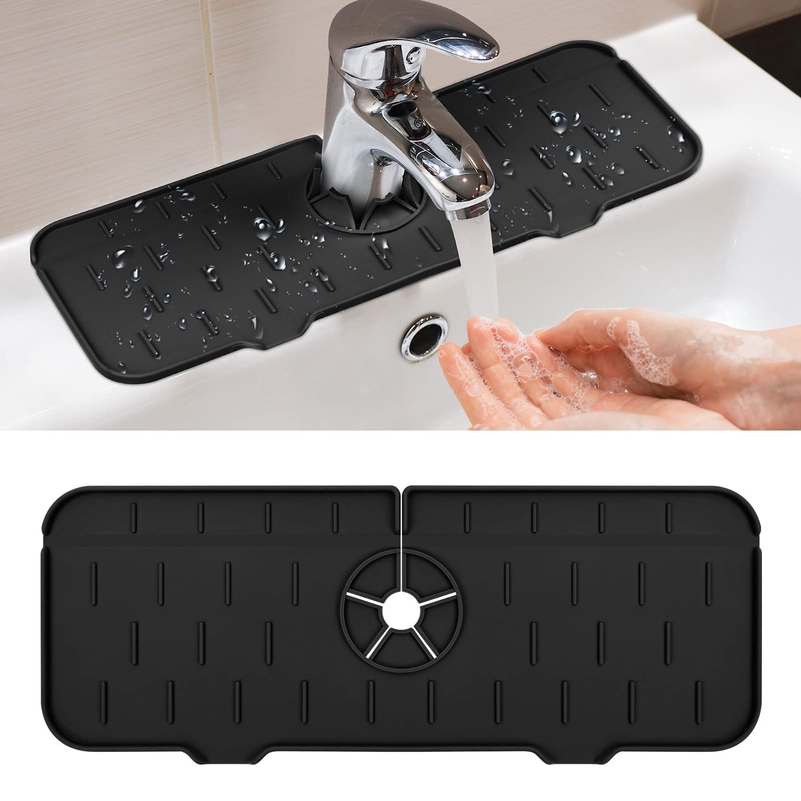 Ainiv Kitchen Sink Splash Guard, Silicone Faucet Handle Drip Catcher Tray, Multifunctional Countertop Protector Mat for Kitchen Sink, Sink Mat for RV and Farmhouse (Black, 5.3" x14.6")