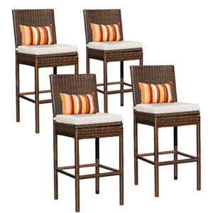 Sundale Outdoor Bar Stools 30 Inch Seat Height Set of 4, Patio Wicker Counter Stools with Back Rest, High Brown Rattan Chair with Pillow & Beige Cushion, All-Weather Armless Tall Pub Barstool