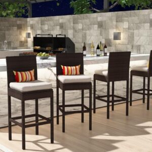 Sundale Outdoor Bar Stools 30 Inch Seat Height Set of 4, Patio Wicker Counter Stools with Back Rest, High Brown Rattan Chair with Pillow & Beige Cushion, All-Weather Armless Tall Pub Barstool
