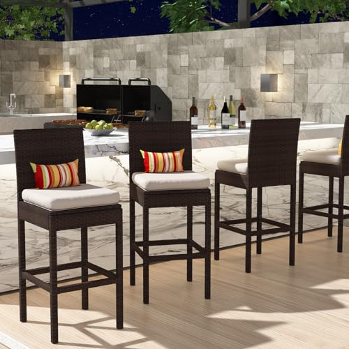 Sundale Outdoor Bar Stools 30 Inch Seat Height Set of 4, Patio Wicker Counter Stools with Back Rest, High Brown Rattan Chair with Pillow & Beige Cushion, All-Weather Armless Tall Pub Barstool