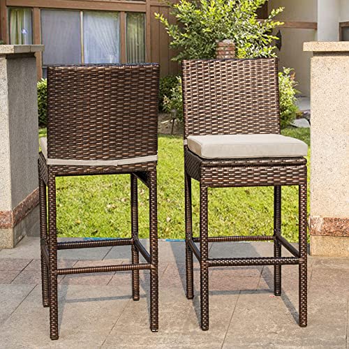 Sundale Outdoor Bar Stools 30 Inch Seat Height Set of 4, Patio Wicker Counter Stools with Back Rest, High Brown Rattan Chair with Pillow & Beige Cushion, All-Weather Armless Tall Pub Barstool