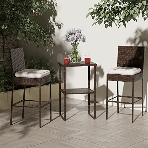 Sundale Outdoor Bar Stools 30 Inch Seat Height Set of 4, Patio Wicker Counter Stools with Back Rest, High Brown Rattan Chair with Pillow & Beige Cushion, All-Weather Armless Tall Pub Barstool