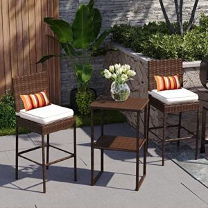 Sundale Outdoor Bar Stools 30 Inch Seat Height Set of 4, Patio Wicker Counter Stools with Back Rest, High Brown Rattan Chair with Pillow & Beige Cushion, All-Weather Armless Tall Pub Barstool