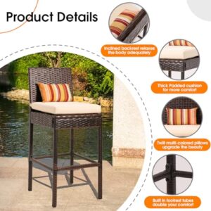 Sundale Outdoor Bar Stools 30 Inch Seat Height Set of 4, Patio Wicker Counter Stools with Back Rest, High Brown Rattan Chair with Pillow & Beige Cushion, All-Weather Armless Tall Pub Barstool