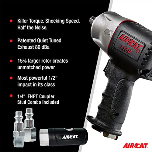 AIRCAT Pneumatic Tools 1150 1/2-Inch Drive Killer Torque Composite Impact Wrench 1295 ft-lbs, with coupler set