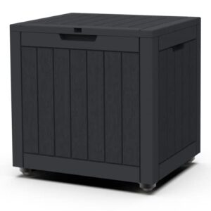 realife deck box 30 gallon outdoor storage box with wheels, waterproof delivery box with lock for patio tools, outdoor cushions pillows, garden supplies, pet stuff and pool accessories, black