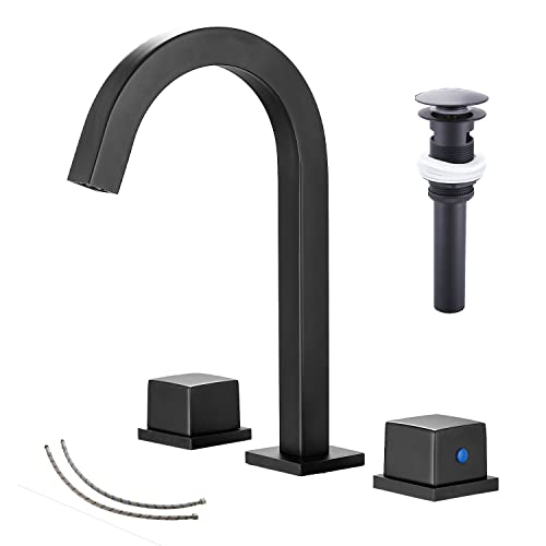 GGStudy Matte Black Widespread Bathroom Faucet 2 Handles 3 Holes 8 inch Widespread Bathroom Sink Faucet Black Matching with Pop Up Drain