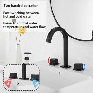 GGStudy Matte Black Widespread Bathroom Faucet 2 Handles 3 Holes 8 inch Widespread Bathroom Sink Faucet Black Matching with Pop Up Drain