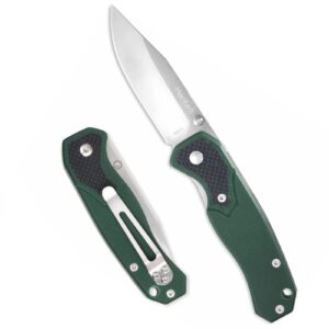 outdoor pocket knife for men with g10 handle and 2.6-inch 8cr13mov stainless steel blade, portable pocket clip, safety liner lock, dark green