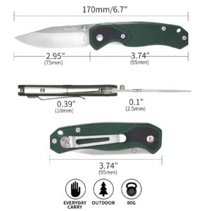 Outdoor Pocket Knife for Men with G10 Handle and 2.6-inch 8Cr13MoV Stainless Steel Blade, Portable Pocket Clip, Safety Liner Lock, Dark Green