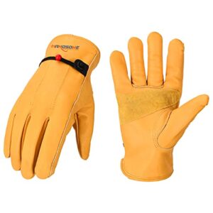 cowhide leather work gloves-handsome protection with leather palm patch/ adjustable wrist , durable, abrasion, puncture and cut resistant gardening glove for men women gold 1 pair (large, golden) …
