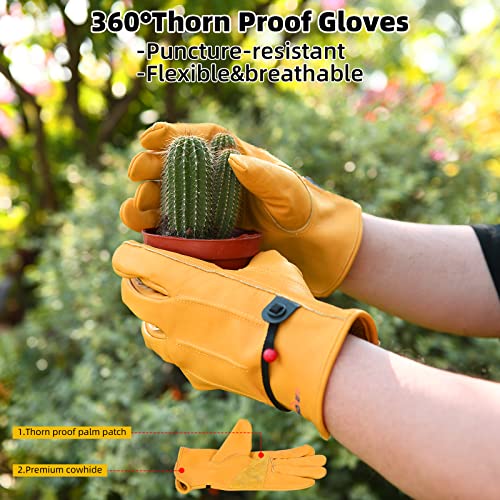 Cowhide Leather Work Gloves-HANDSOME PROTECTION with Leather Palm Patch/ Adjustable Wrist , Durable, Abrasion, Puncture and Cut Resistant Gardening Glove for Men Women Gold 1 Pair (Large, Golden) …