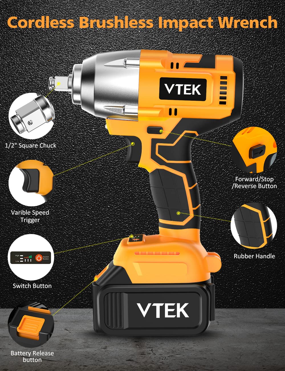 VTEK Brushless Impact Wrench 1/2 Inch Cordless Impact Wrench,Max Torque 700N.m Impact Gun 515 ft-lbs for Car Tiers