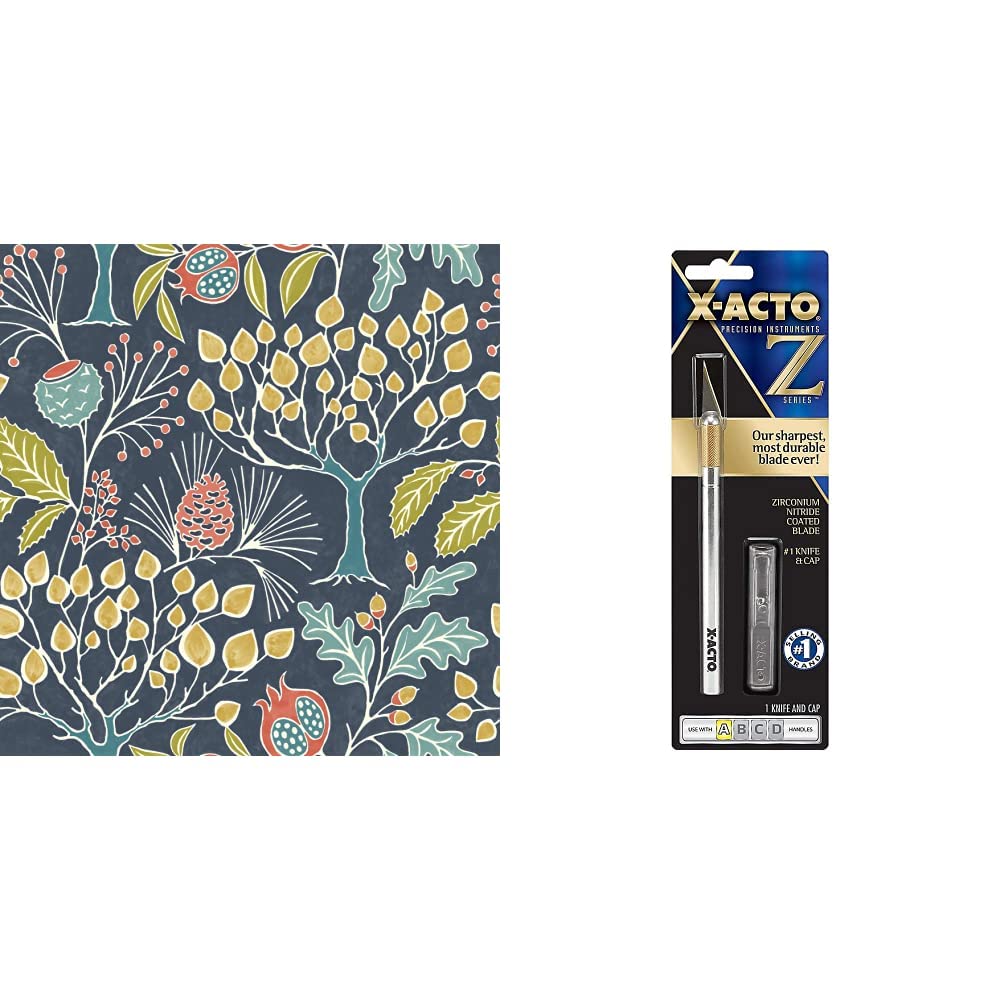 NuWallpaper NU3038 Groovy Garden Navy Peel & Stick Wallpaper, Multicolor & X-Acto No 1 Precision Knife | Z-Series, Craft Knife, with Safety Cap, 11 Fine Point Blade, Easy-Change Blade System