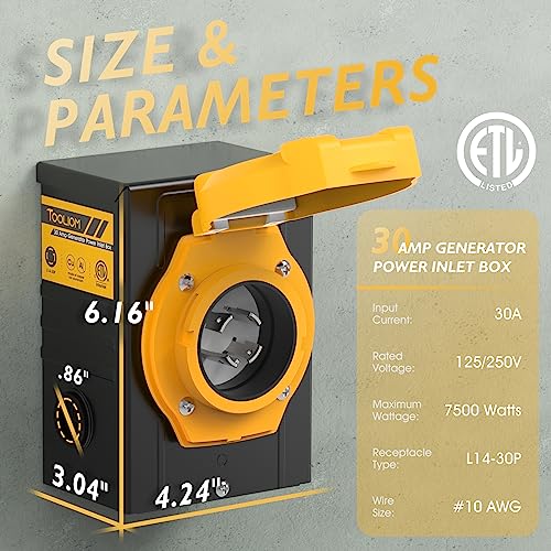 TOOLIOM 30 Amp Generator Inlet Box, 4 Prong NEMA L14-30P Power Inlet Box, 125/250 Volt for Generators Up to 7500 Watts, Weatherproof Generator Power Inlet Box with LED Power Indicator, ETL Listed