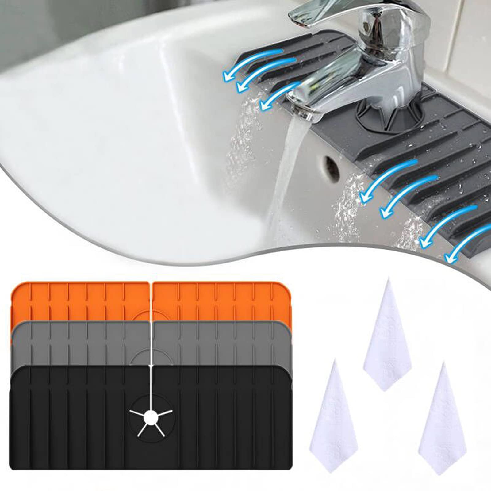 2023 Upgrade Version Kitchen Sink Splash Guard, Silicone Faucet Handle Drip Catcher Tray, Kitchen Faucet Mat with Towel, Sink Protectors for RV,Bathroom, Kitchen Sink Accessories,Black+Orange+Grey 3PC