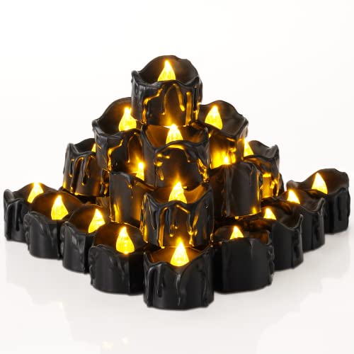 Homemory 24-Pack Melting Black Candles Battery Operated Tea Lights, Halloween Flameless Flickering Candles, Ideal for Holiday Decor, Theme Party, Dia 1-2/5" x H 1-1/4''